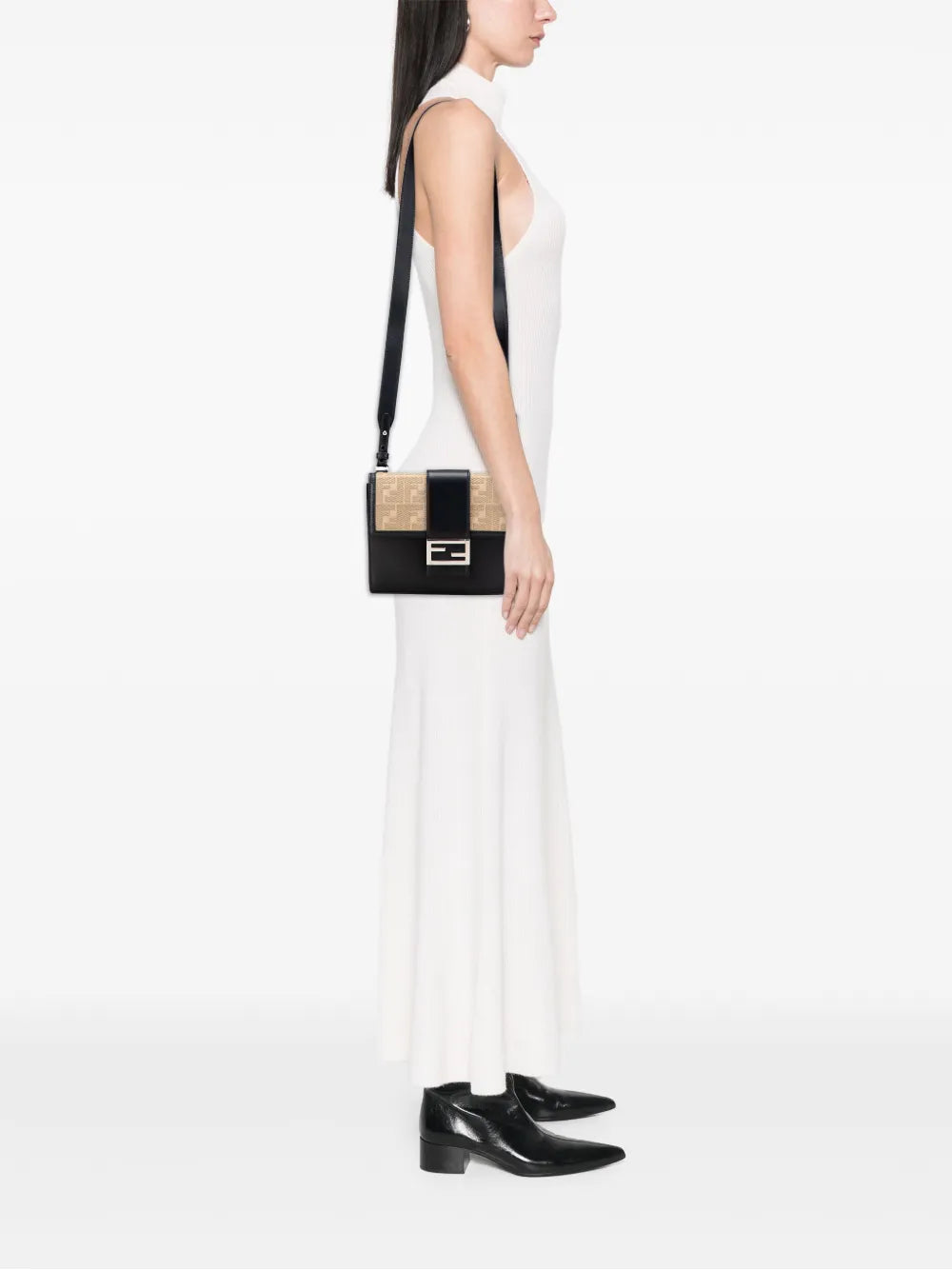 Pre-OwnedFendi Pre-Owned2010-2025 Calfskin and Canvas FF 1974 Flat Baguette crossbody bag